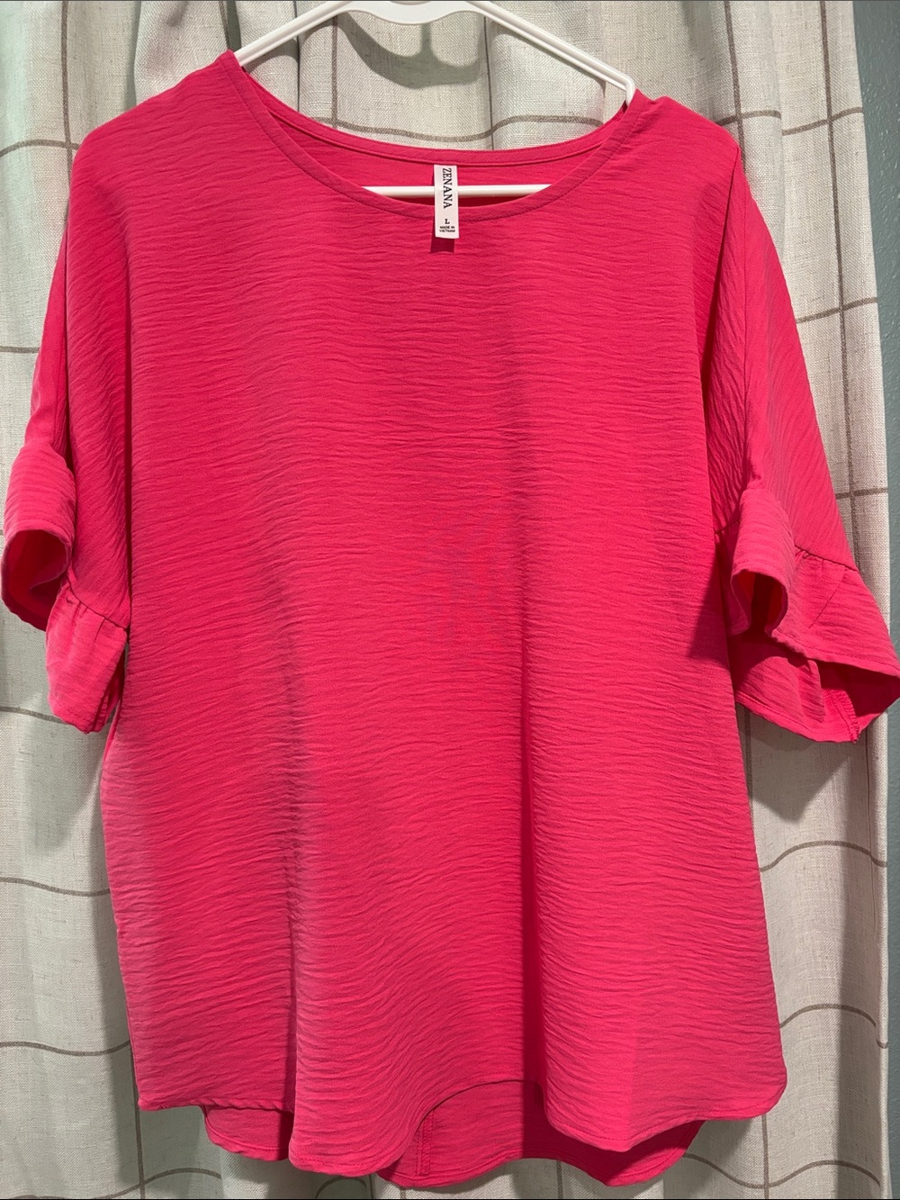 Zanzea Hot Pink Textured Short Sleeve Ruffle Top